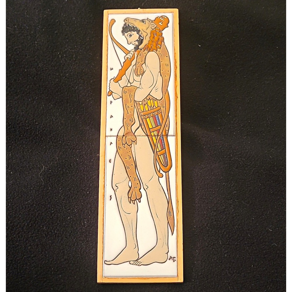 Angelo Tsakirakis' Hand Painted Signed Ceramic Tile Heracles Greek Myth 1997 Art